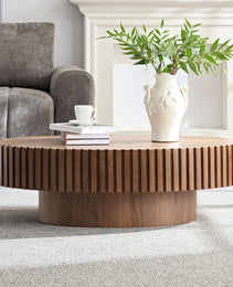 Modern Handcraft Drum Coffee Table Length 43.7 Inch Ellipse Coffee Table For Living Room,Oval Small Coffee Table With Sturdy Pedestal,Walnut MDF