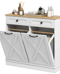 Tilt Out Laundry Hamper Cabinet, Bathroom Storage Cabinet with 2 Removable Baskets and 2 Drawers, White