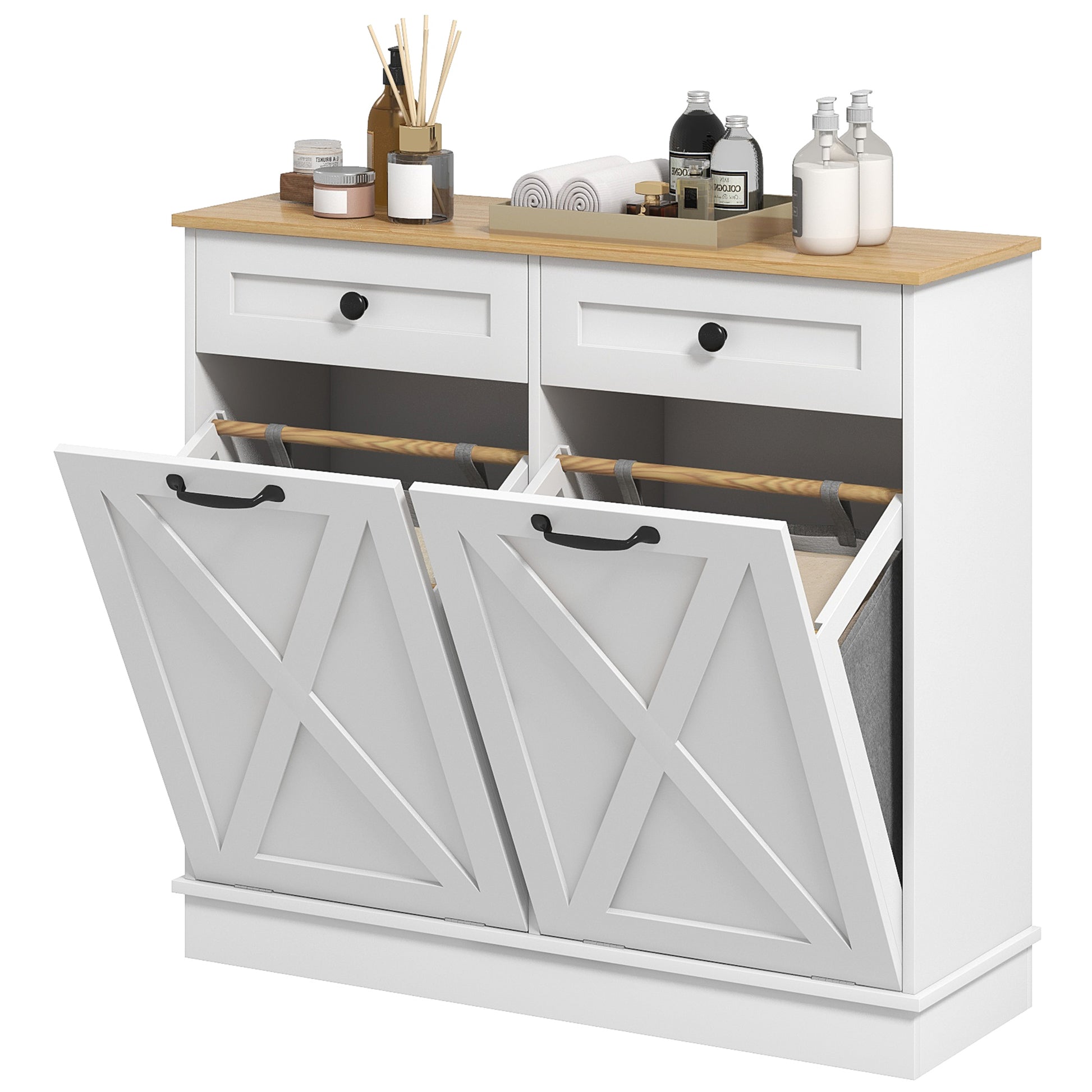 Tilt Out Laundry Hamper Cabinet, Bathroom Storage Cabinet with 2 Removable Baskets and 2 Drawers, White