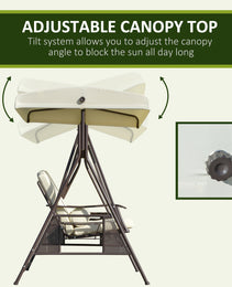2-Person Patio Swing Bench with Adjustable Shade Canopy, Soft Cushions, Throw Pillows and Tray, Beige.