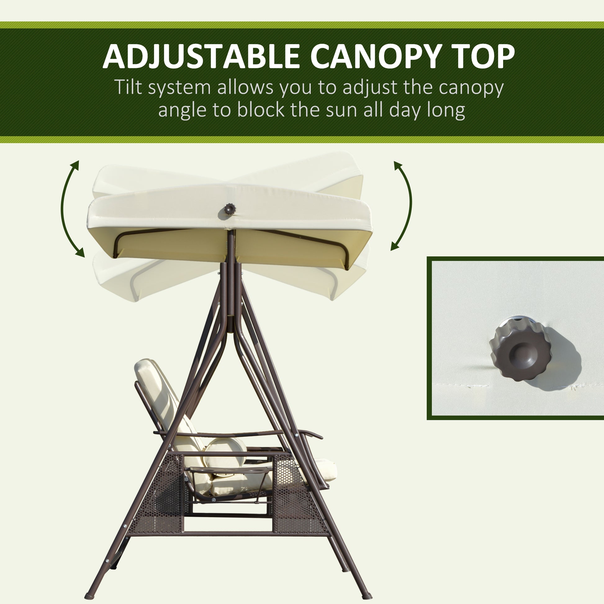 2-Person Patio Swing Bench with Adjustable Shade Canopy, Soft Cushions, Throw Pillows and Tray, Beige.