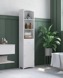 Bathroom Storage Cabinet, Free Standing Bathroom Storage Unit, Tall Linen Tower with 3-Tier Shelves and Drawer, White