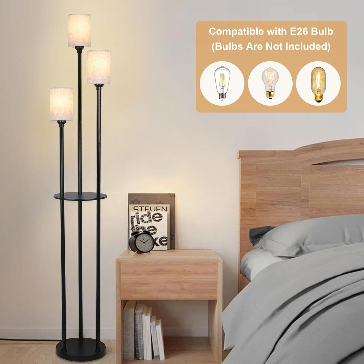 Floor Lamp With Shelf, Floor Lamp For Modern Living Room, 3 Light Standing Lamp With Linen Shade And Foot Switch Unavailable Platforms- CJDS