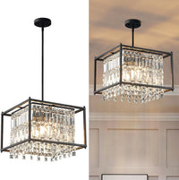 Modern Foyer Chandelier, Gold Crystal Chandelier Entryway Pendant Light Fixture, Square Adjustable Height Chandeliers for Kitchen Island, L15.74'' X H9.84''