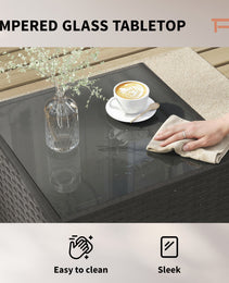 3 Piece Patio Furniture Set, Wicker Outdoor Patio Conversation Furniture Set with Cushions, Glass Top Table, Navy Blue