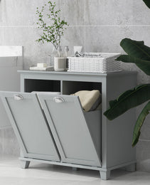 Dual Tilt out Laundry Hamper Cabinet, Bathroom Storage Cabinet with 2-Compartment Hamper, Modern Bathroom Floor Cabinet for Washroom, Gray