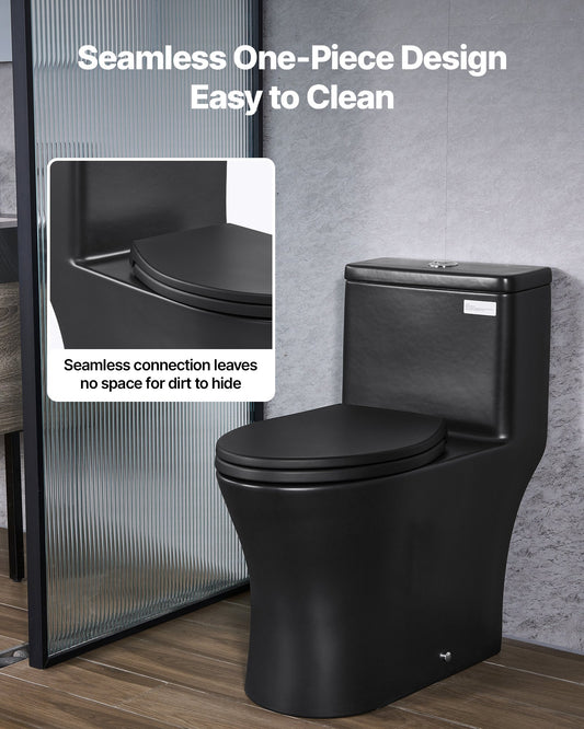 One-Piece Elongated Toilet – Vortex Dual Flush 1.0/1.28 GPF, Skirted Easy-Clean Design, Standard Height (Black & Silver, 12" Rough-In)