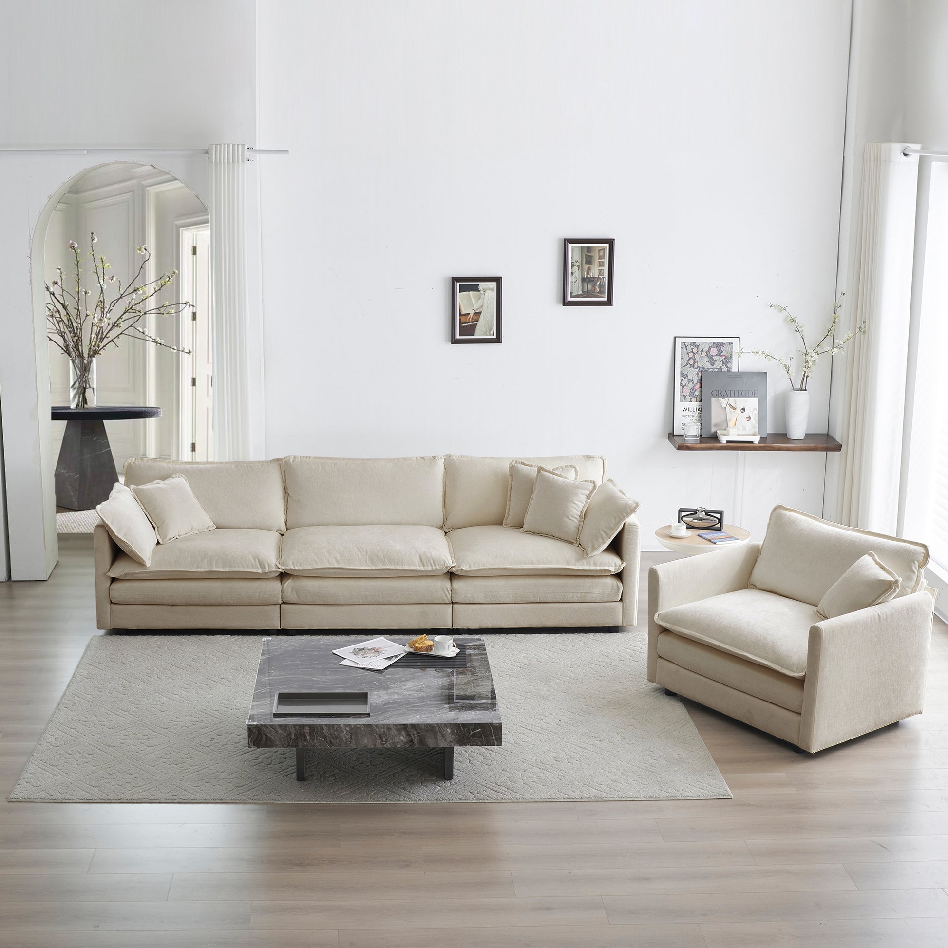 2-Piece Upholstered Sofa, Living Room Sectional Sofa Set Modern Sofa Couches Set , Deep Seat Sofa For Living Room Apartment, 1-3 Seat Beige Chenille