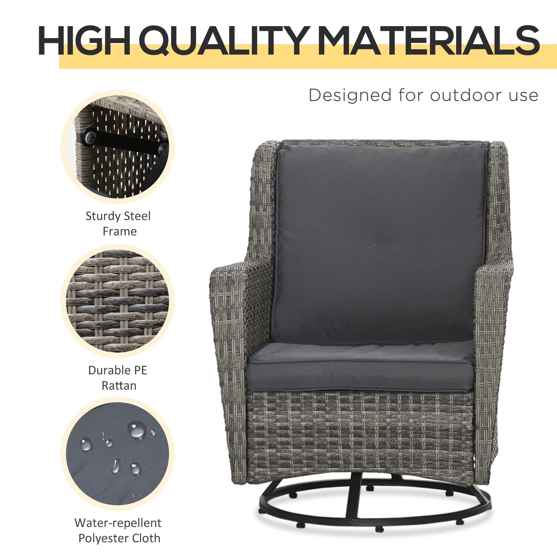 Patio Bistro Set, Porch Furniture with 360° Rotation & Rocking Function, 28.25"x30.75"x36.25", Gray