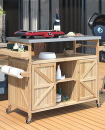K&K Outdoor Kitchen Island, Rolling Bar Cart & Storage Cabinet, Farmhouse Solid Wood Outdoor Grill Table With Stainless Steel Top, Spice Rack , Towel Rack For Kitchen & BBQ , Natural