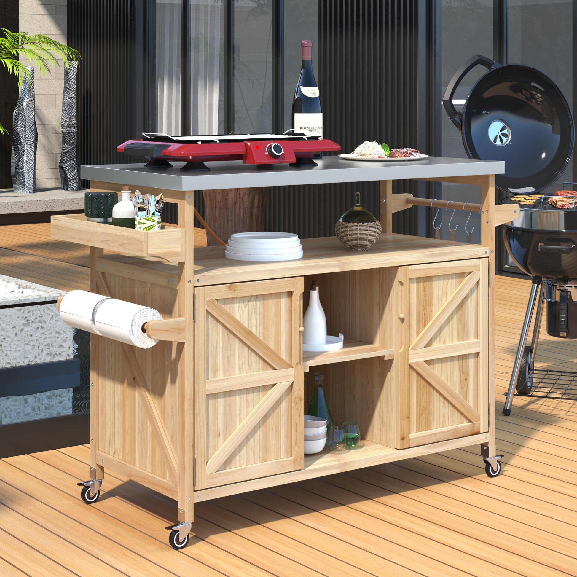 K&K Outdoor Kitchen Island, Rolling Bar Cart & Storage Cabinet, Farmhouse Solid Wood Outdoor Grill Table With Stainless Steel Top, Spice Rack , Towel Rack For Kitchen & BBQ , Natural