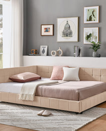 Full Size Upholstered Tufted  Bed Frame, Sofa Bed Frame With Comfortable Backrest And Armrests, Full Size Bed For Bedroom, Living Room,Velvet, PINK 80.5x59x30.5