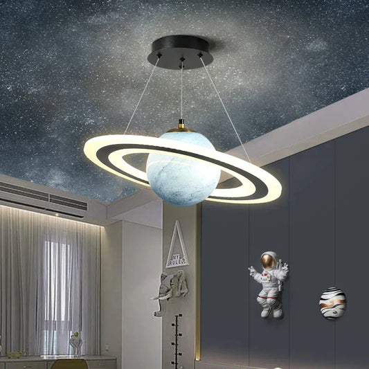 Kids Bedroom Planet Pendant Lamps Creative Acrylic Earth Ball Chandelier Cartoon Children Boys Room Space Star Hanging Lighting