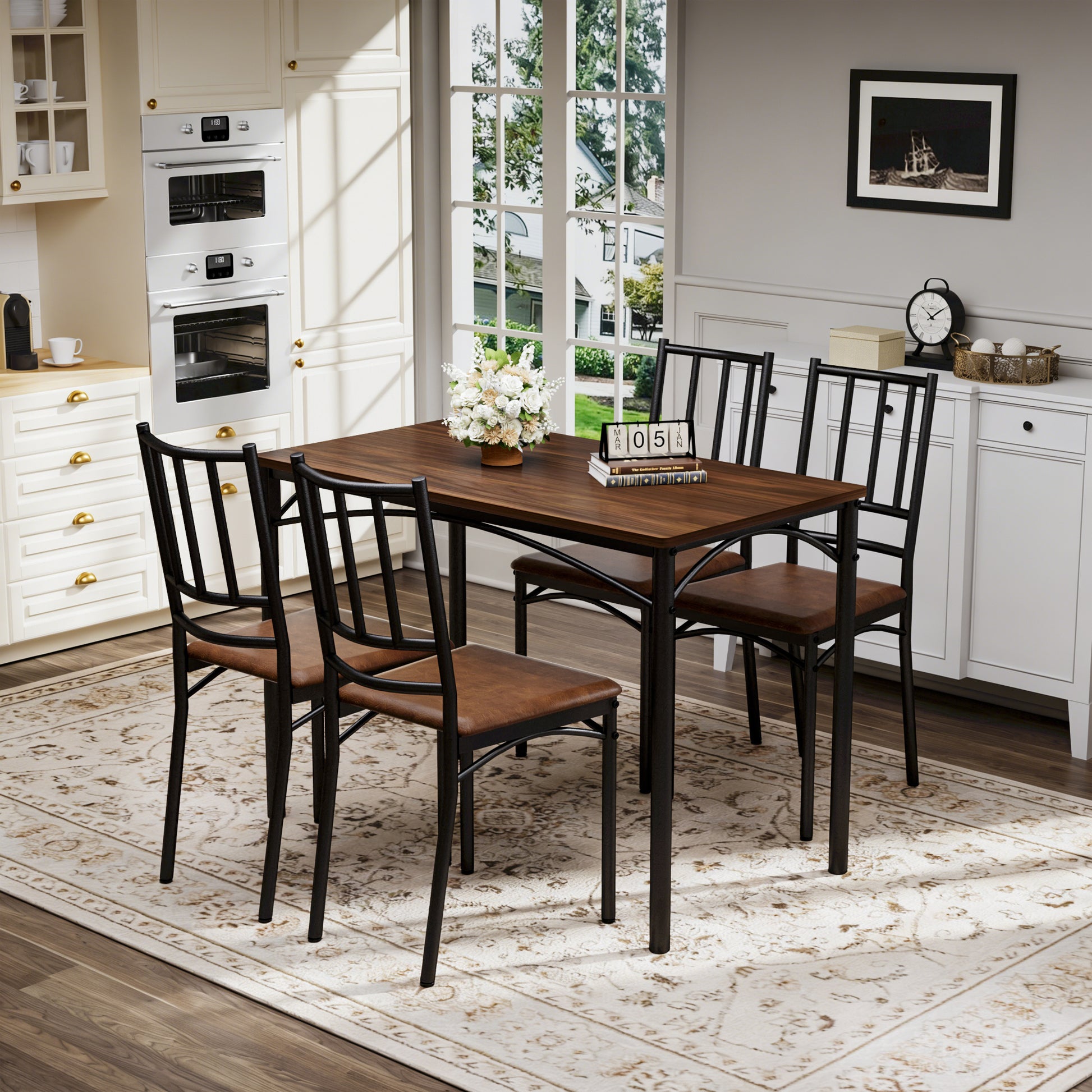 Dining Table Set, Bar Table With 4 Dining Benches, Kitchen Table Counter With Chairs, Industrial For Kitchen Breakfast Table, Living Room, Party Room, Walnut, 43.3L X23.6W X 30.1H