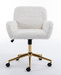 A&A Furniture Office Chair,Artificial Rabbit Hair Home Office Chair With Golden Metal Base,Adjustable Desk Chair Swivel Office Chair,Vanity Chair Beige