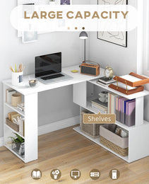 360° Rotating Home Office Desk L Shaped Corner Computer Desk with Storage Shelves, Writing Table Workstation, White