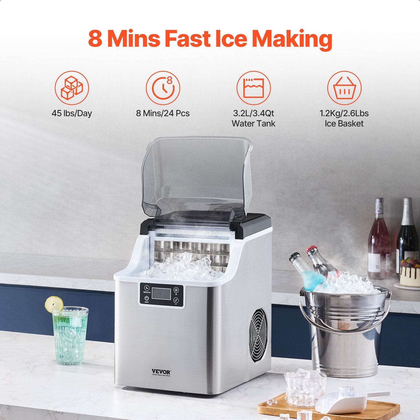 Portable Countertop Ice Maker 45Lbs/24H Self-Cleaning With Scoop Basket Home Bar