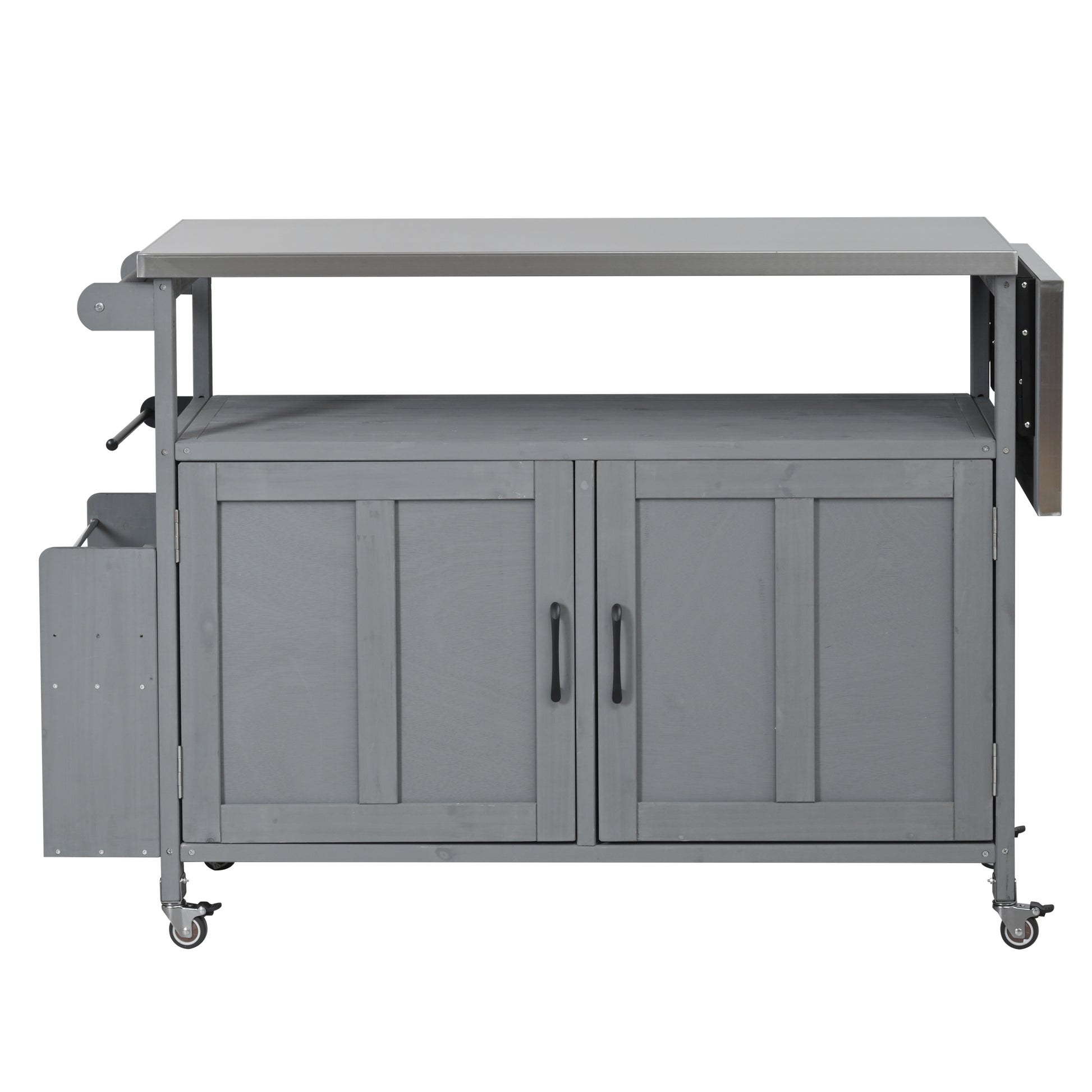 Foldable Outdoor Kitchen Island Patio Mobile Kitchen Cart Portable Outdoor Cooking Island With Lockable Wheels, Storage Cabinet And Towel Rack For Patio And Outdoor, Grey