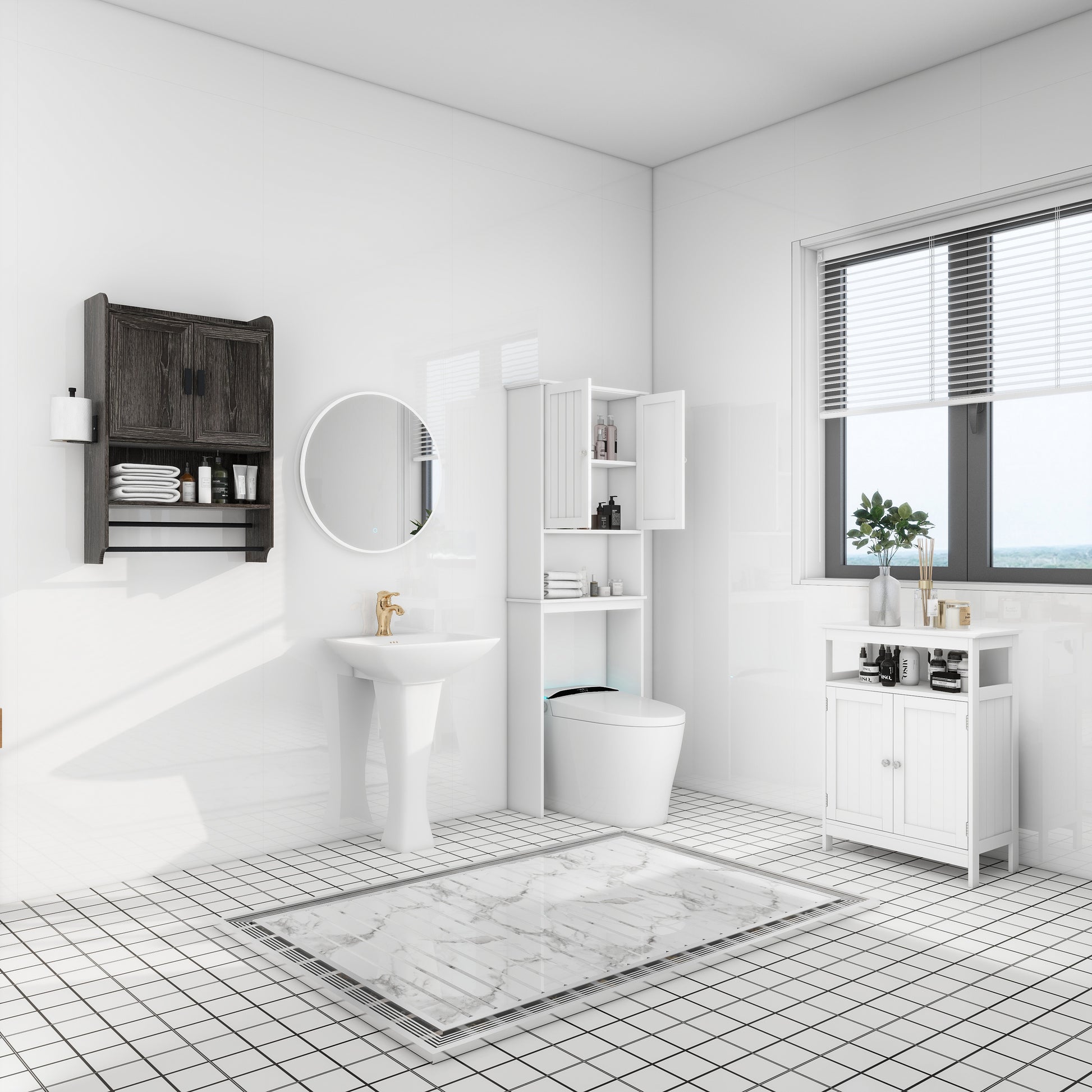 Bathroom Wall Cabinet With Doors,Adjustable Shelf,Towel Bar And Paper Holder, Over The Toilet Storage Cabinet, Medicine Cabinet For Bathroom-Grey