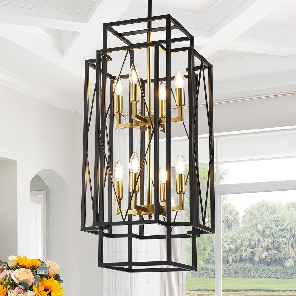 8-Light Lantern Tiered Pendant Light Fixtures, No Assembly Required Farmhouse Chandelier for Entryway, Large Chandeliers for High Ceilings, Modern Hanging Light Fixture for Foyer, Staircase