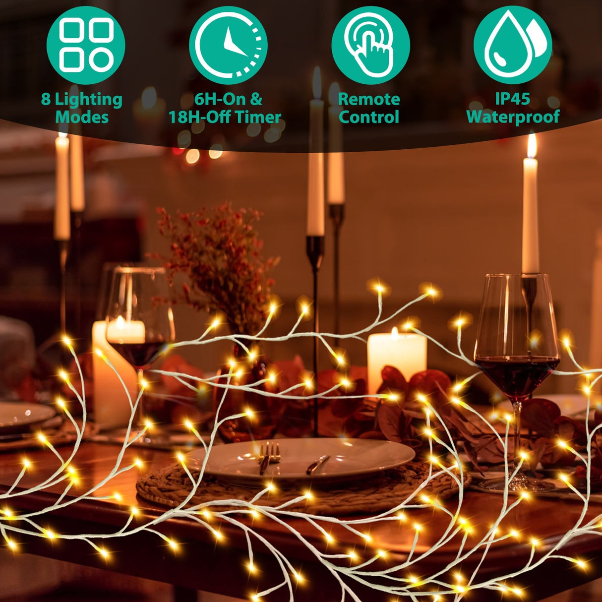 1Pc 7.87FT Lighted Birch Garland Lighted Twig Vine Lights 144LED Birch Garland With Lights String Light With Timer 8 Modes IP45 Waterproof For Christmas Fireplace Home Decoration - CJDS - FC