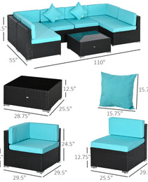 7-Piece Patio Furniture Set, Outdoor Wicker Conversation Set, All Weather PE Rattan Sectional Sofa Set with Cushions and Tempered Glass Top Coffee Table, Pillows, Turquoise
