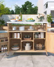 K&K Outdoor Kitchen Island, Rolling Bar Cart & Storage Cabinet, Farmhouse Solid Wood Outdoor Grill Table With Stainless Steel Top, Spice Rack , Towel Rack For Kitchen & BBQ , Natural