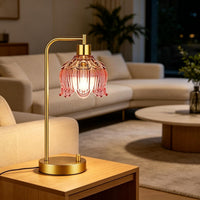 Pink Table Lamp Set of 2,Small Gold Bedside Lamps Dimmable Boho Bedroom Lamp with Tulip Flower Glass Lamp Shade,Vintage Mid Century Modern Mini Nightstand Lamp for Bedroom Living Room