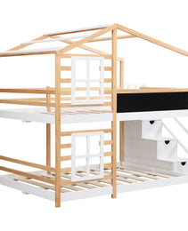 Full Over Full  Bunk Bed House Bed With Roof Windows Blackboard And Storage Ladder Platform Bed,bed Frame