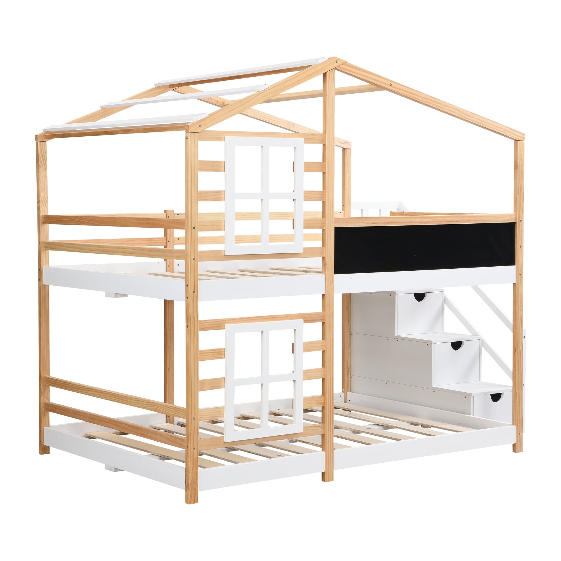 Full Over Full  Bunk Bed House Bed With Roof Windows Blackboard And Storage Ladder Platform Bed,bed Frame