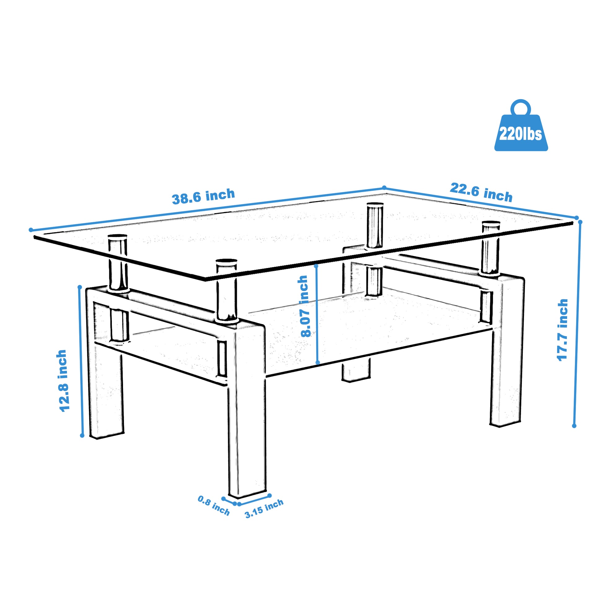 Rectangle Glass Coffee Table, Clear Coffee Table, Modern Side Center Tables For Living Room, Living Room Furniture