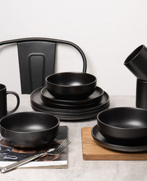 12-Piece Stoneware Dinnerware Sets With Mugs   Microwave & Dishwasher Safe    Non-Toxic Dinner Plates Bowls Set   Stackable Matte Glaze Kitchenware For 3,Black