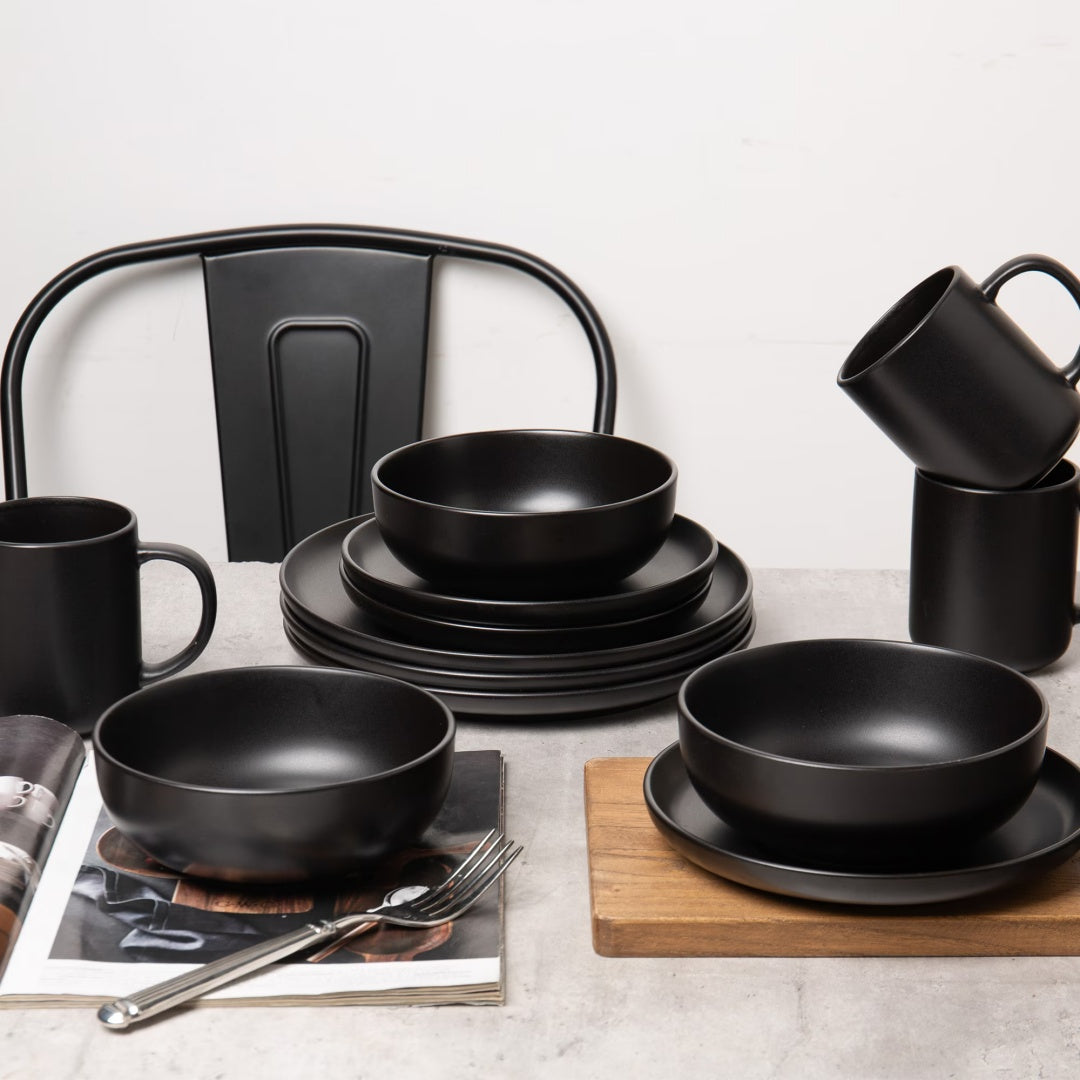 12-Piece Stoneware Dinnerware Sets With Mugs   Microwave & Dishwasher Safe    Non-Toxic Dinner Plates Bowls Set   Stackable Matte Glaze Kitchenware For 3,Black