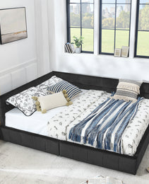 Queen Size Storage Upholstered Tufted Bed Frame, Sofa Bed Frame With Comfortable Backrest And Armrests, Queen Size Bed For Bedroom, Living Room,Velvet, BLACK 85.5x64.5x29.5