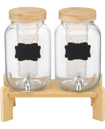 Beverage Dispenser, 2 Pack 1 Gallon Drink Dispensers For Parties, Glass Juice Dispenser With Wood Stand, Stainless Steel Spigot, Infuser, Iced Tea Lemonade Juice Water Dispensers For Parties