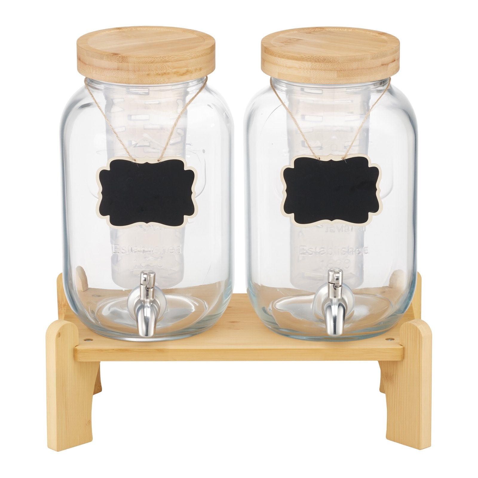 Beverage Dispenser, 2 Pack 1 Gallon Drink Dispensers For Parties, Glass Juice Dispenser With Wood Stand, Stainless Steel Spigot, Infuser, Iced Tea Lemonade Juice Water Dispensers For Parties