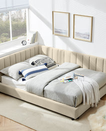 Full Size Upholstered Tufted Bed Frame, Sofa Bed Frame With Comfortable Backrest And Armrests, Full Size Bed For Bedroom, Living Room,Velvet-Beige 81x60x29.5
