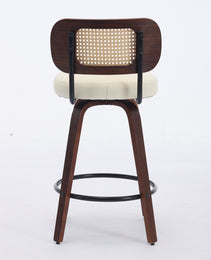 Set Of 3 Counter Height Bar Stools  26 Inch Rattan Counter Height Stools With Cane Back, Upholstered Seat, Walnut Craftsmanship, Swivel Counter Stools For Island  Kitchen  Counter  Bar Walnut Beige