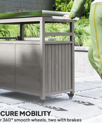 Outdoor Grill Cart w/ Stainless Steel Top, Solid Wood Outdoor Kitchen Island w/ Wheels, Storage Cabinets, Gray