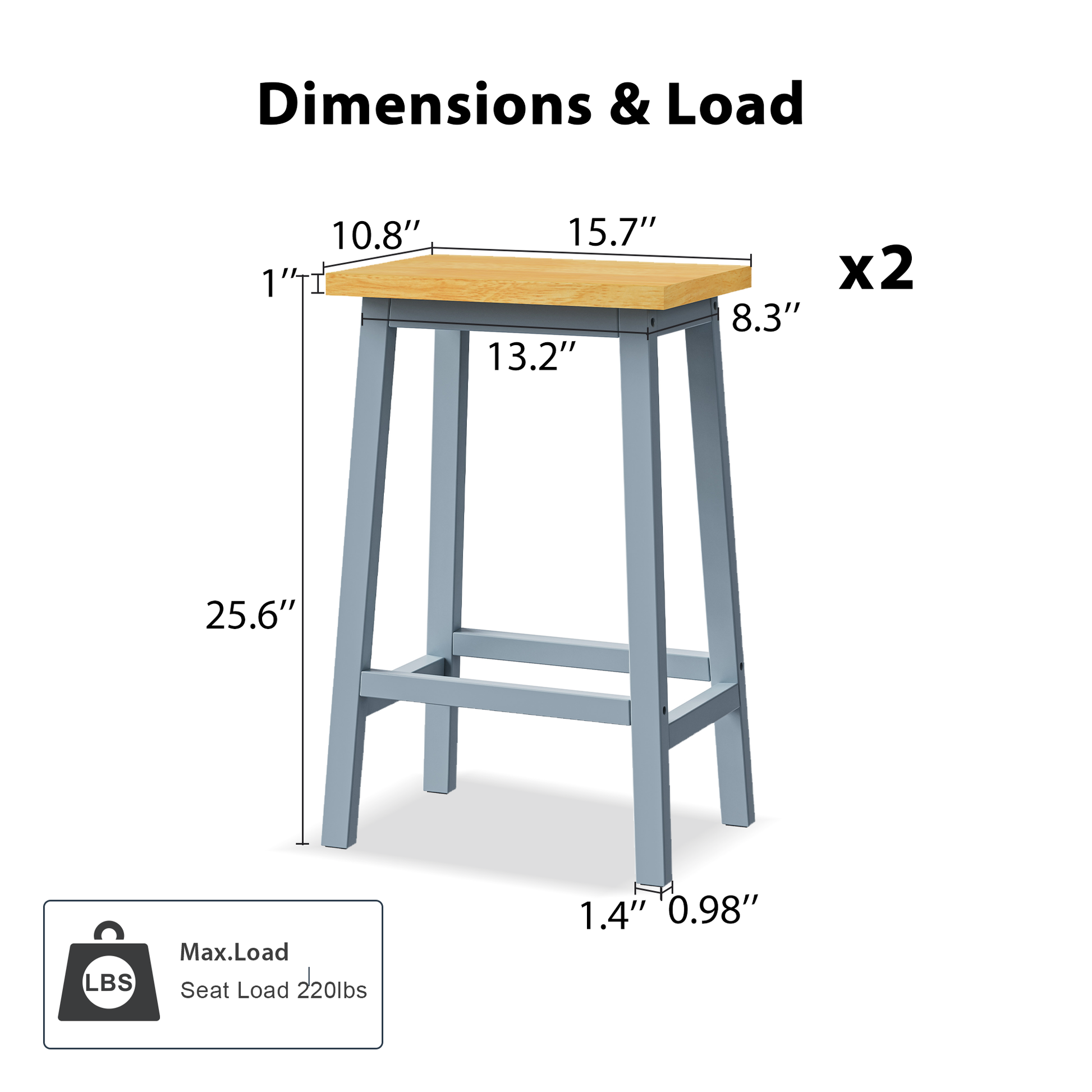 K&K Solid Wood Bar Stools  Not Cheap Iron , 25.6  Tall Set Of 2 Bar Chairs, Kitchen Counter Stools With Footrests, Farmhouse Stools For Dining Room, Kitchen, Counter, Grey Blue
