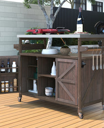 K&K Outdoor Kitchen Island, Rolling Bar Cart & Storage Cabinet, Farmhouse Solid Wood Outdoor Grill Table With Stainless Steel Top, Spice Rack , Towel Rack For Kitchen & Barbecue , Dark Brown