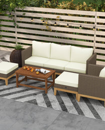 Patio Furniture Set w/ Cushions, 5 PCs PE Rattan Conversation Furniture Set, Cream White
