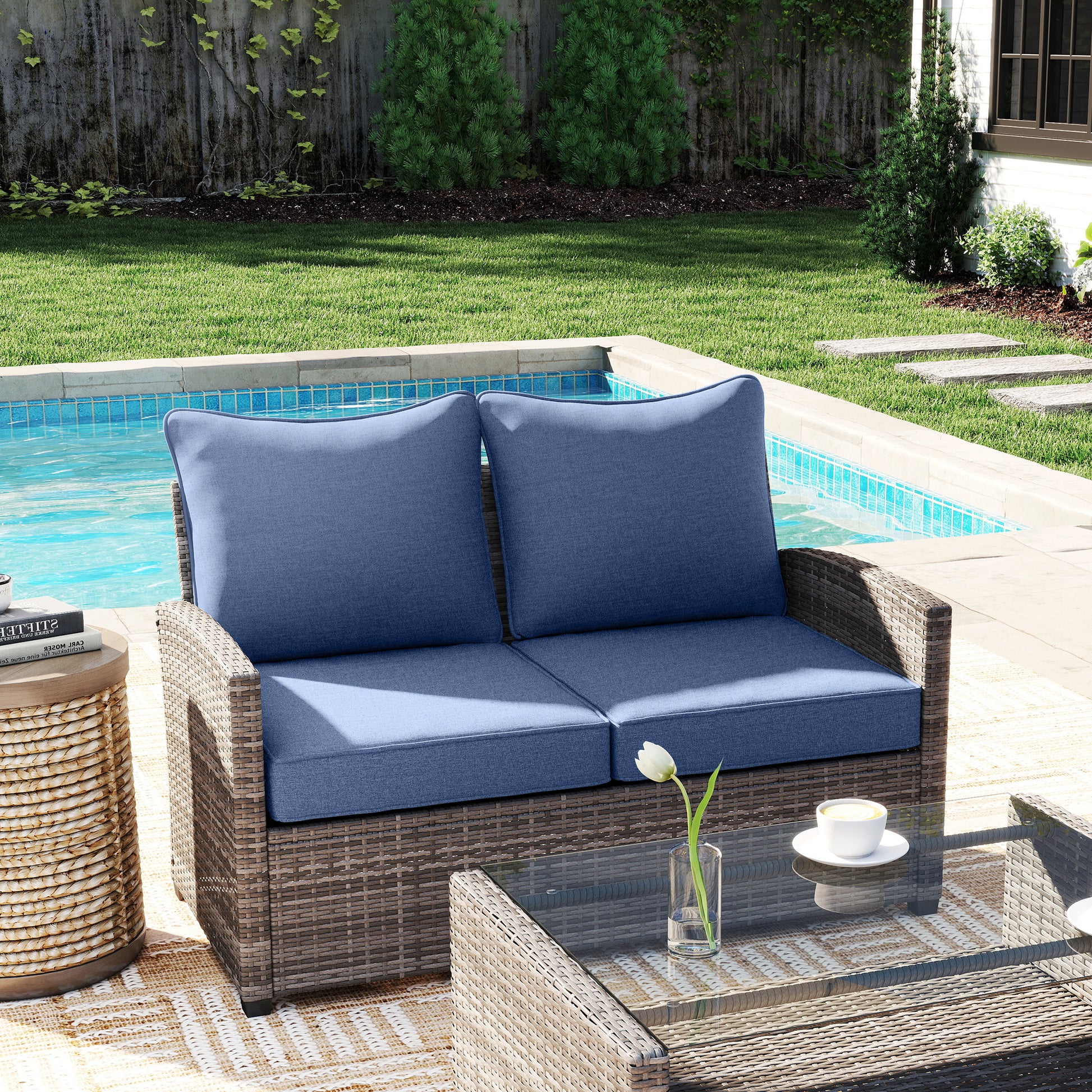 4 Patio Chair Cushions with Seat & Backrest, Fade Resistant Seat Replacement Cushion Set, Blue