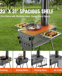 Wood Stove, 118 Inch, Alloy Steel Camping Tent Stove, Portable Wood Burning Stove With Chimney Pipes & Gloves, 3000in³Firebox Hot Tent Stove For Outdoor Cooking And Heating With 8 Pipes