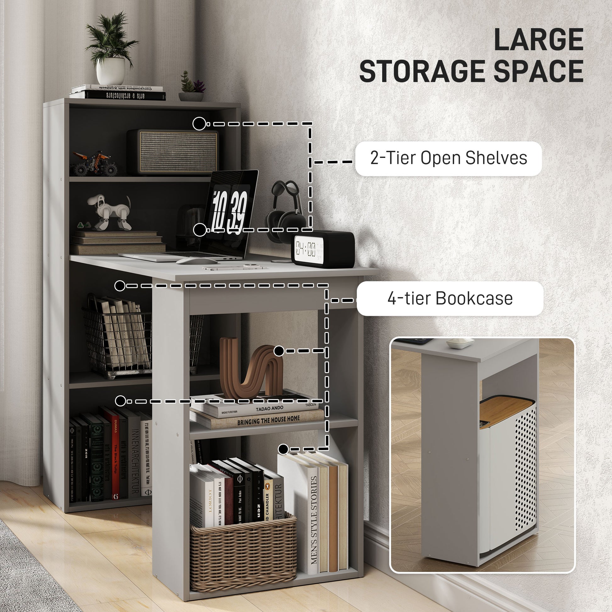 Compact Computer Desk With 6-Tier Storage Shelves, Writing Table Workstation With Bookshelf For Home Office, Gray