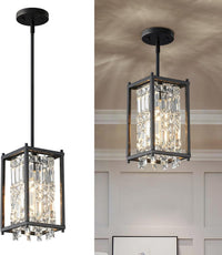 Modern Foyer Chandelier, Gold Crystal Chandelier Entryway Pendant Light Fixture, Square Adjustable Height Chandeliers for Kitchen Island, L15.74'' X H9.84''