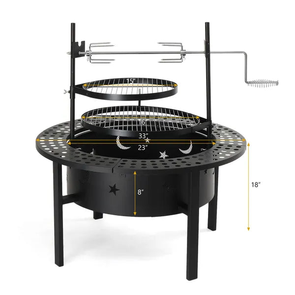 33 Inch Outdoor Fire Pit With 2 Cooking Grills, Wood Burning Firepit With Removable Swivel Grill, For Deck Bonfire Patio Picnic, Black