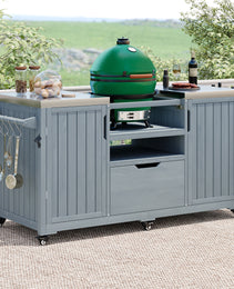 K&K 66.5 Outdoor Kitchen Island, Solid Wood Outdoor Grill Cart, Featuring Stainless Steel Countertop And Drawers, Compatible With Large Green Egg Grill, Carducci Gray And Blue Model