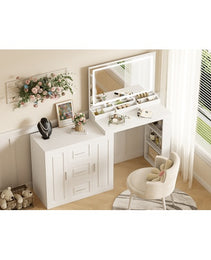 59Makeup Vanity Desk With Mirror, Vanity Mirror With Lights, Dressing Table With 3 Drawers And 2 Cabinets, Vanity Table With Storage Shelves For Bedroom, White - CJDS