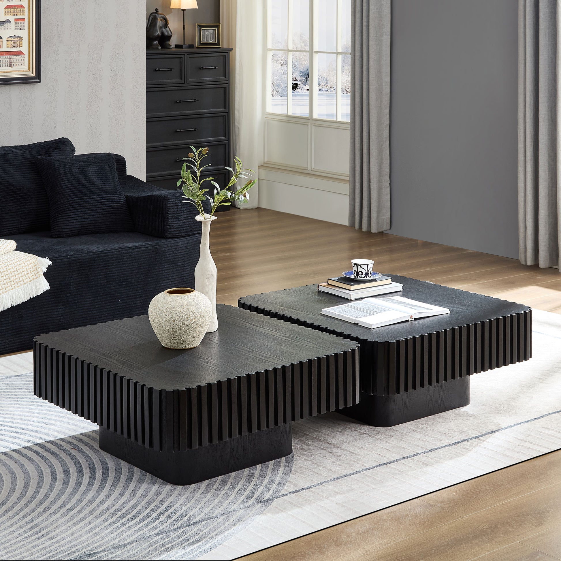 2PCS Set 31.5 Inch Modern Handcraft Drum Coffee Table Square Coffee Table For Living Room,Small Wooden Coffee Table With Sturdy MDF Pedesta,Black Color
